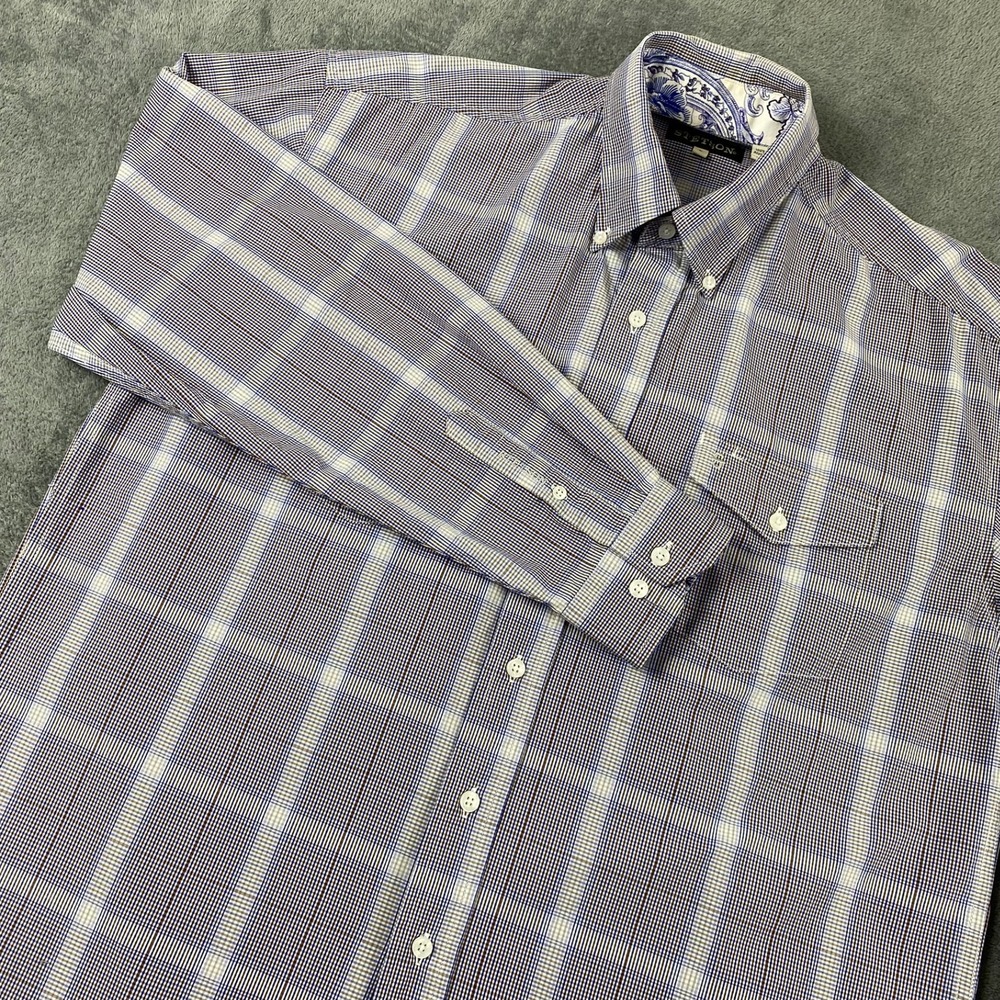 Stetson Mens Large Shirt Long Sleeve Blue Brown Plaid Western Paisley Trim